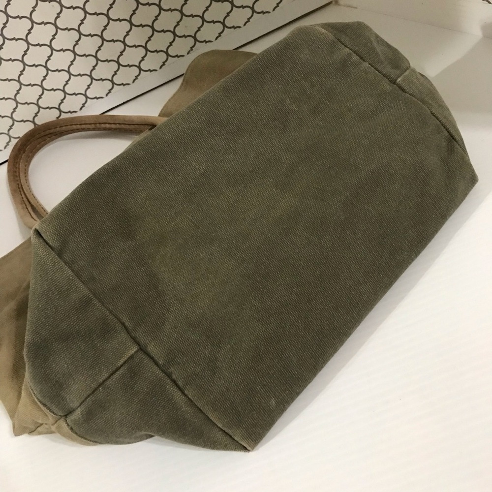 LL Bean Leather Handles Tote Bag Canvas Plaid Lined Brown Green Boat Vintage - Picture 9 of 13